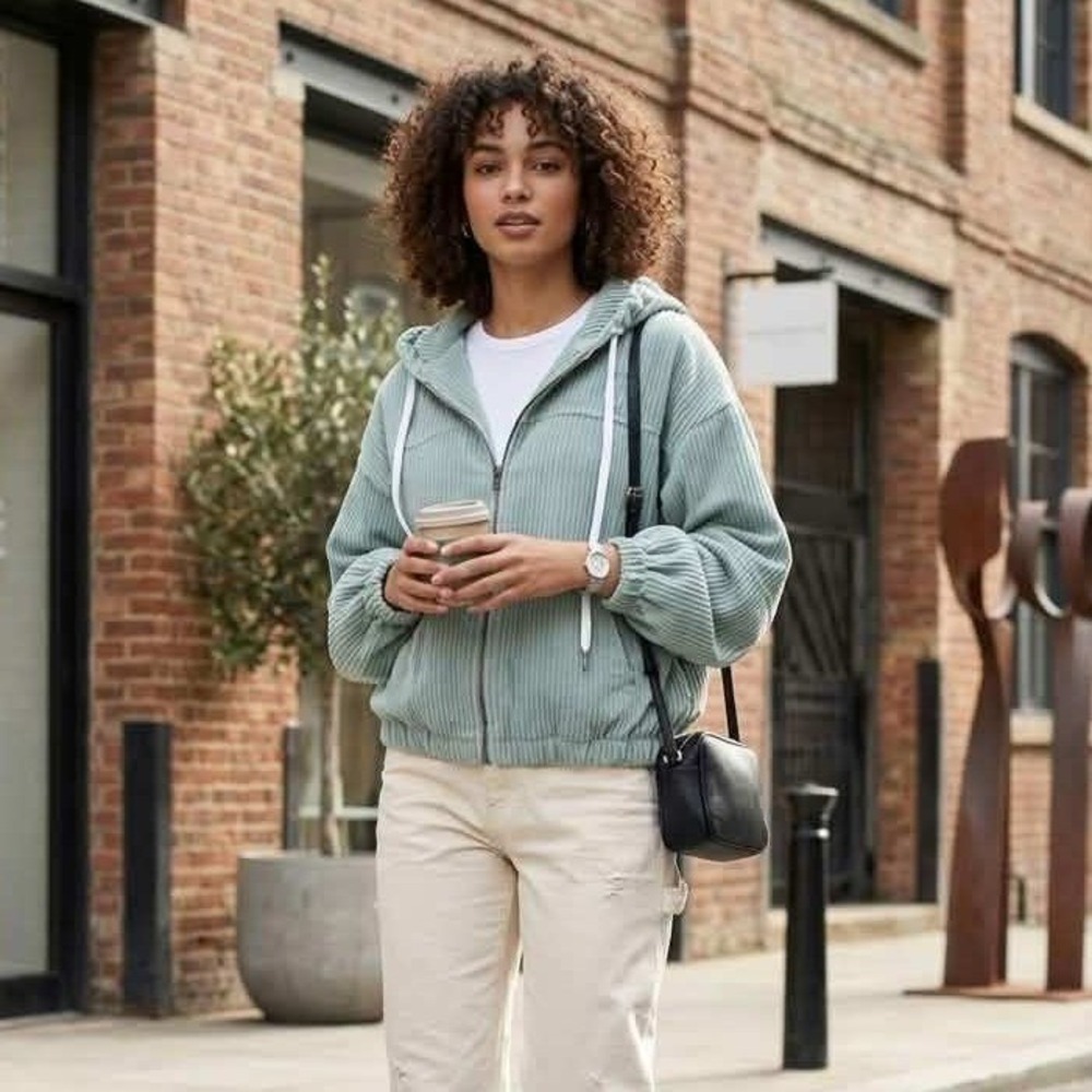 Kori Plus Seafoam Green Ribbed Corduroy Zip Up Hoodie Oversized Jacket